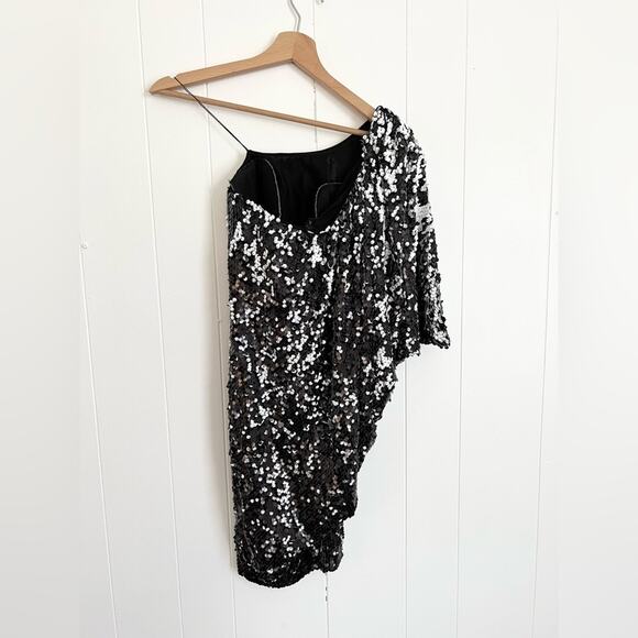 Aidan mattox sequin one shoulder cape dress mini black white - Picture 3 of 8